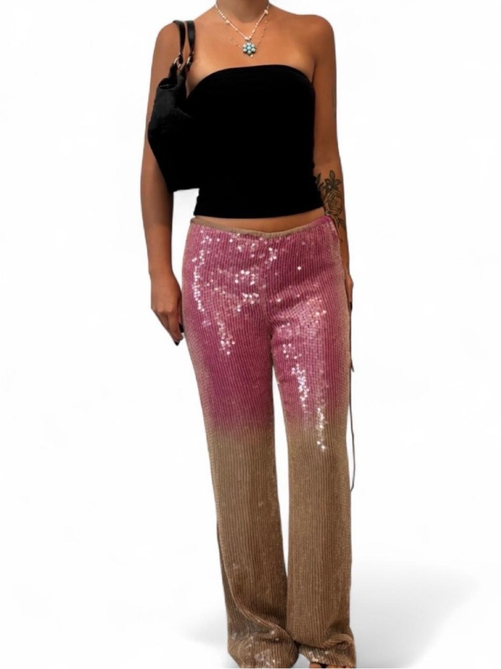 Tracy Reese pink brown 100% silk low waist sequin wide leg pants Sz S chic